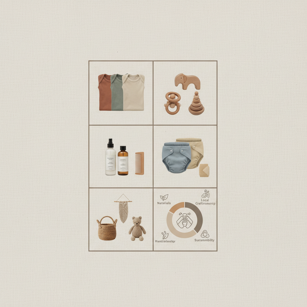 Infographic: A flat-lay style infographic showing different categories of ethical South African baby products arranged in a visually appealing grid: organic cotton onesies, wooden toys, natural skincare bottles, cloth nappies, handmade nursery decor, with labels and icons indicating each category for Conscious Parenting: SA's Ethical Baby Product Trend