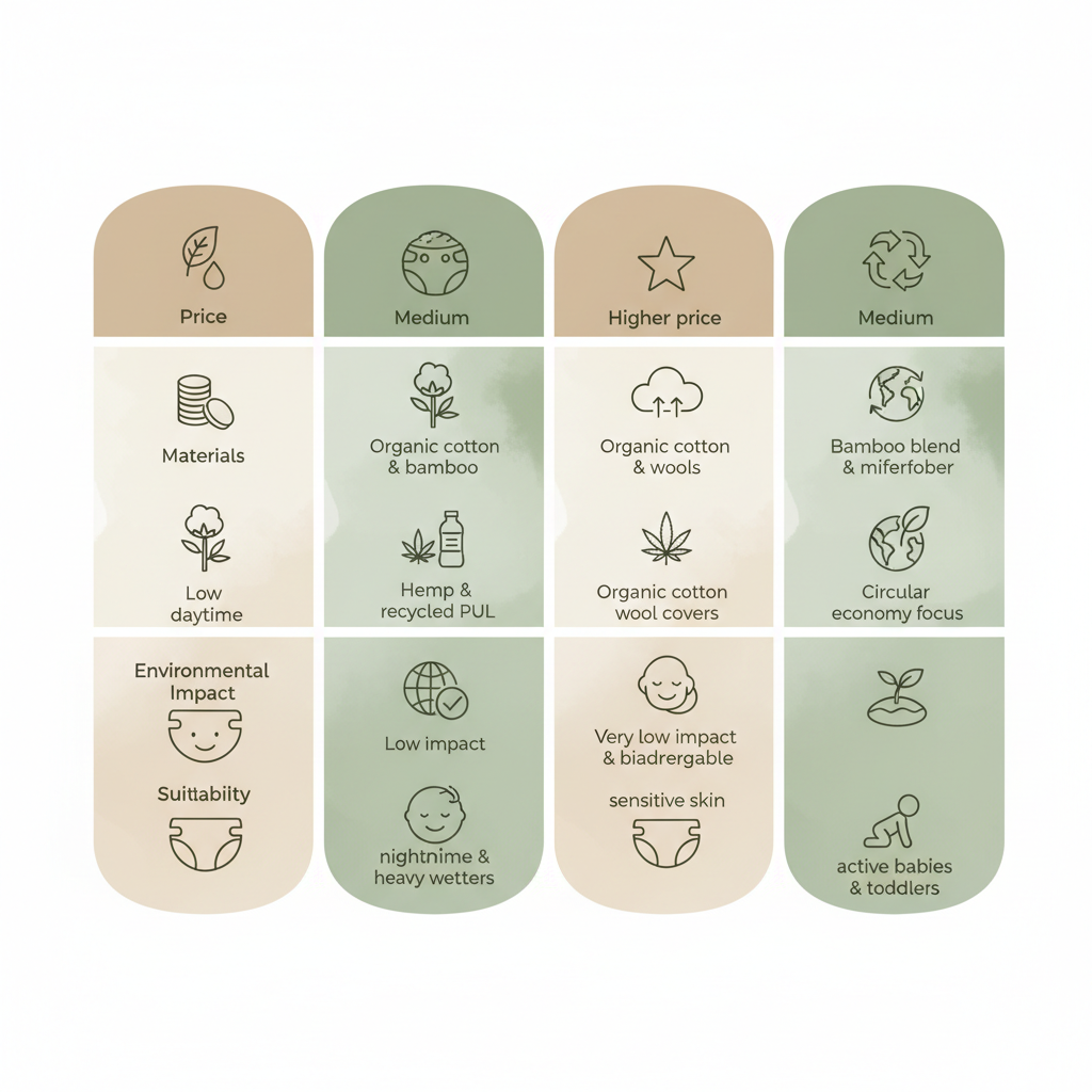 Infographic: Clean comparison table infographic showing 4-5 columns for different cloth nappy features like price range, materials, best for, and availability, using soft green and neutral color palette for Eco-Friendly Nappies: SA Options Compared