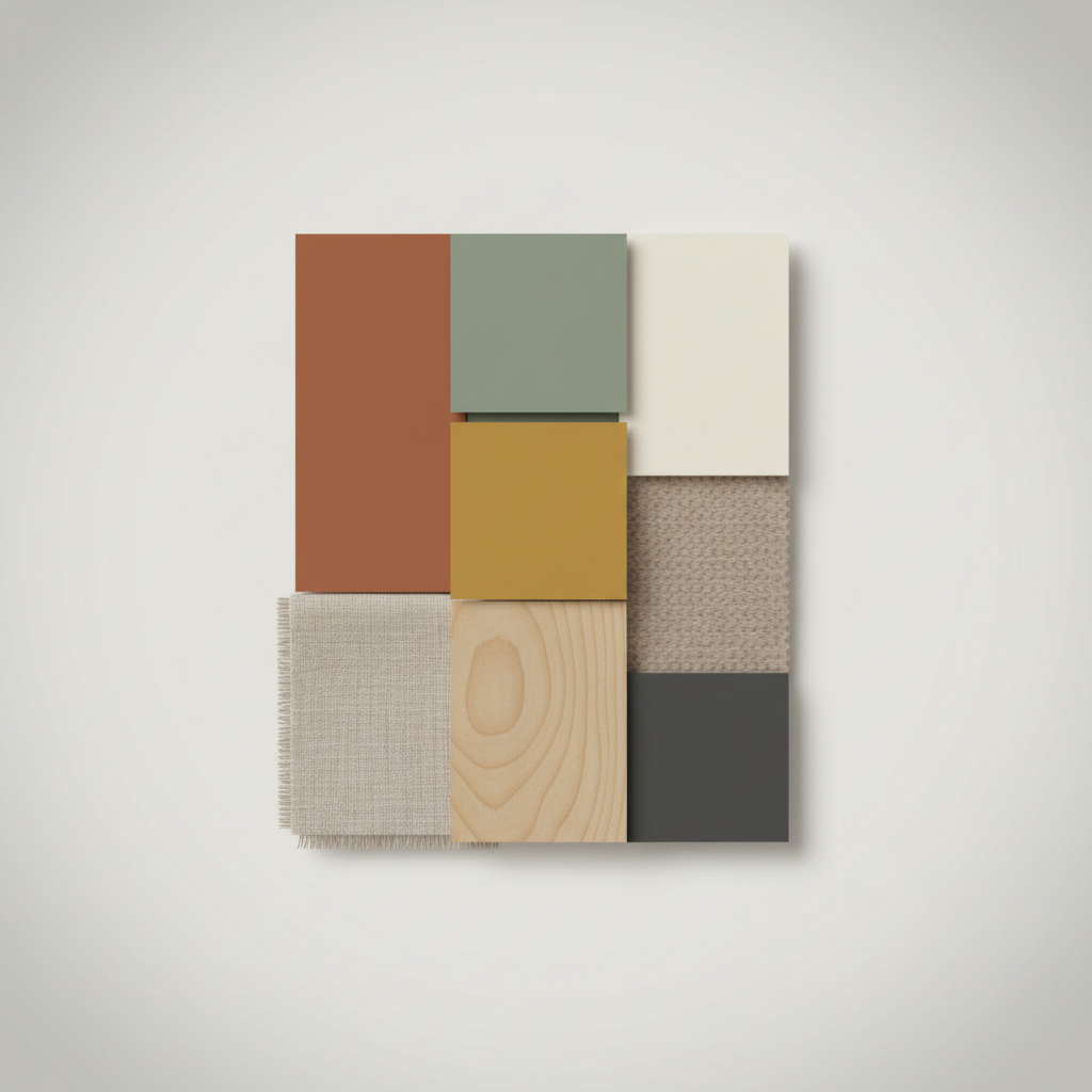 Illustration: Colour palette mood board showing terracotta, sage green, mustard, warm white, and charcoal swatches arranged aesthetically with natural textures like linen and wood samples for Gender Neutral Nursery Ideas from SA Designers