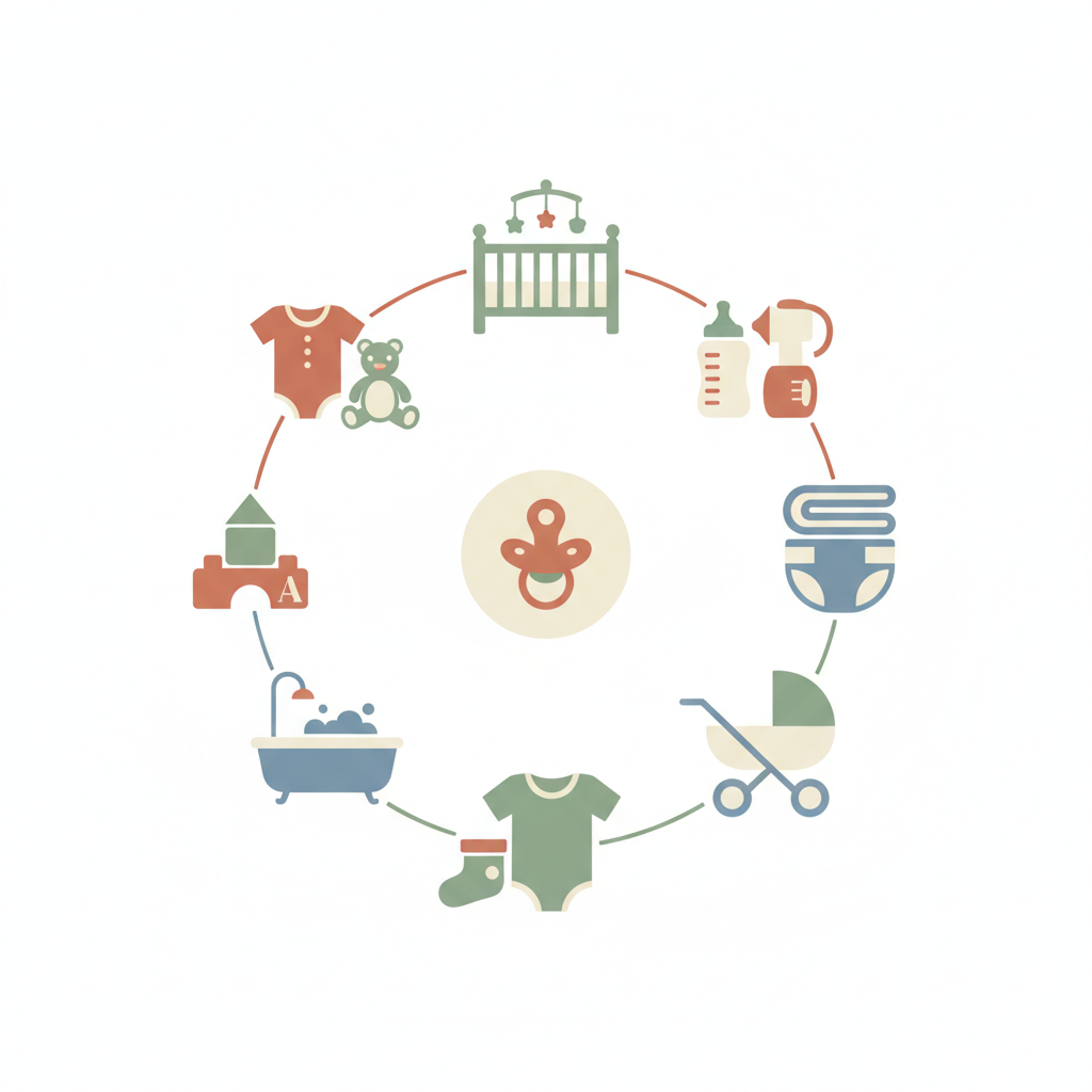 Infographic: Clean, modern infographic showing baby registry categories as a visual checklist with icons: sleeping (cot icon), feeding (bottle icon), nappies, travel (pram icon), clothing, bathing, play - soft pastel colours, South African design aesthetic for How to Create the Perfect Baby Registry in Minutes