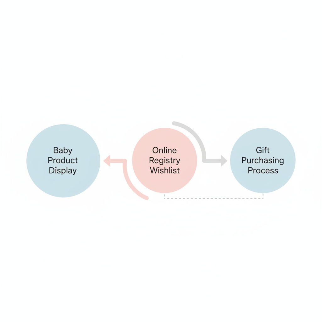 Chart: Simple flowchart diagram showing the registry partnership journey: retailer products displayed on registry platform, parents add items to wishlist, gift-givers click through, purchase happens on retailer's own website, clean modern design with soft pastel colours for Why Baby Retailers Love Registry Partnerships