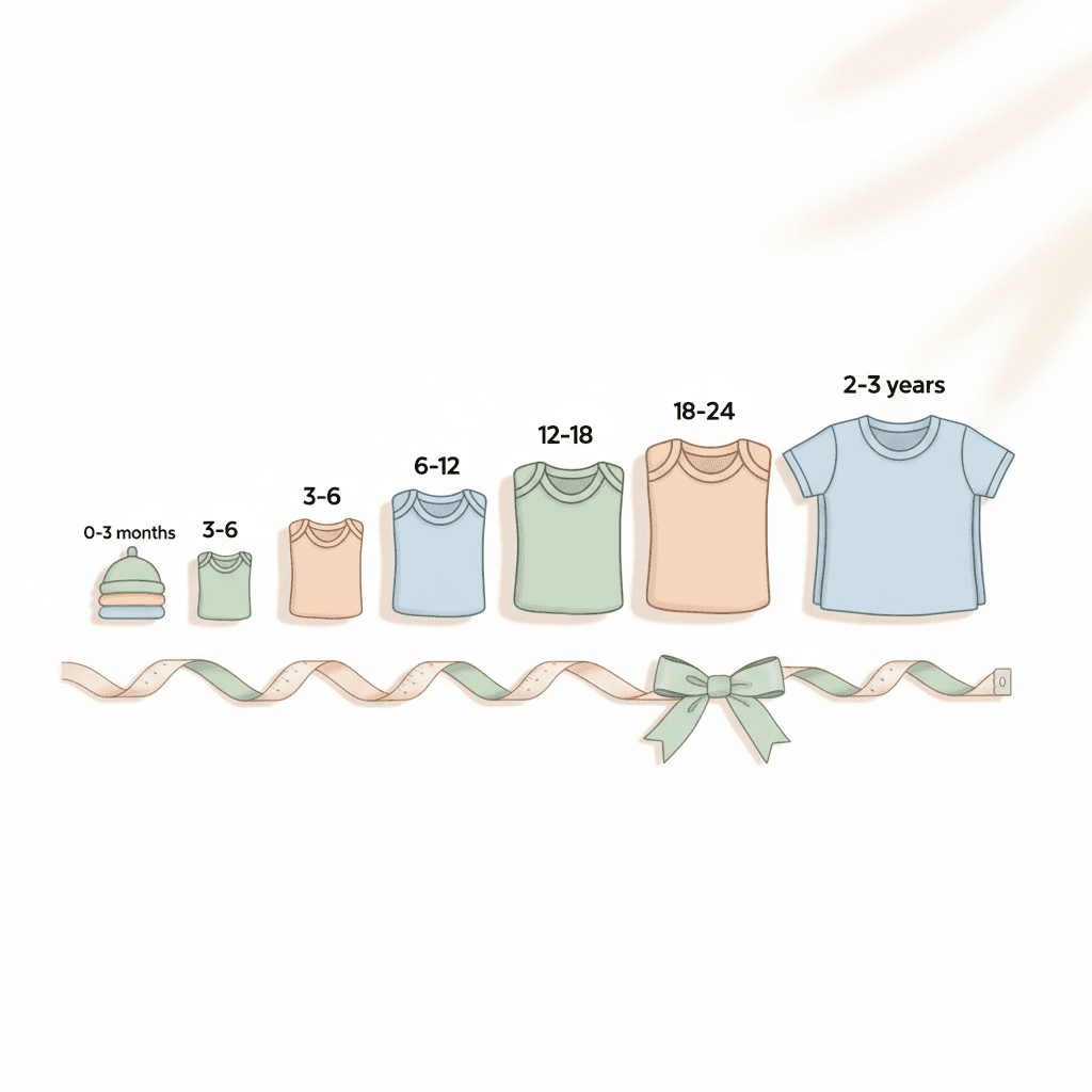 Illustration: A friendly, warm flat-lay photograph of neatly folded baby clothes in various sizes arranged from smallest to largest, in soft pastel colours typical of South African nursery aesthetics, with a small measuring tape and gift ribbon visible, bright natural lighting, clean white background for Baby Clothing Sizes Explained for SA Parents