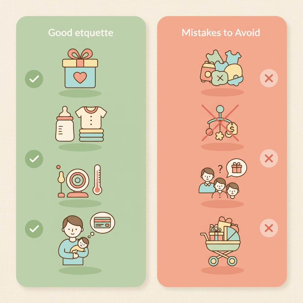 Comparison: Clean two-column comparison graphic with green checkmarks for Do's and gentle red X marks for Don'ts, using friendly icons representing baby gifts, with a warm colour palette for Baby Registry Etiquette: A Guide for Gift-Givers