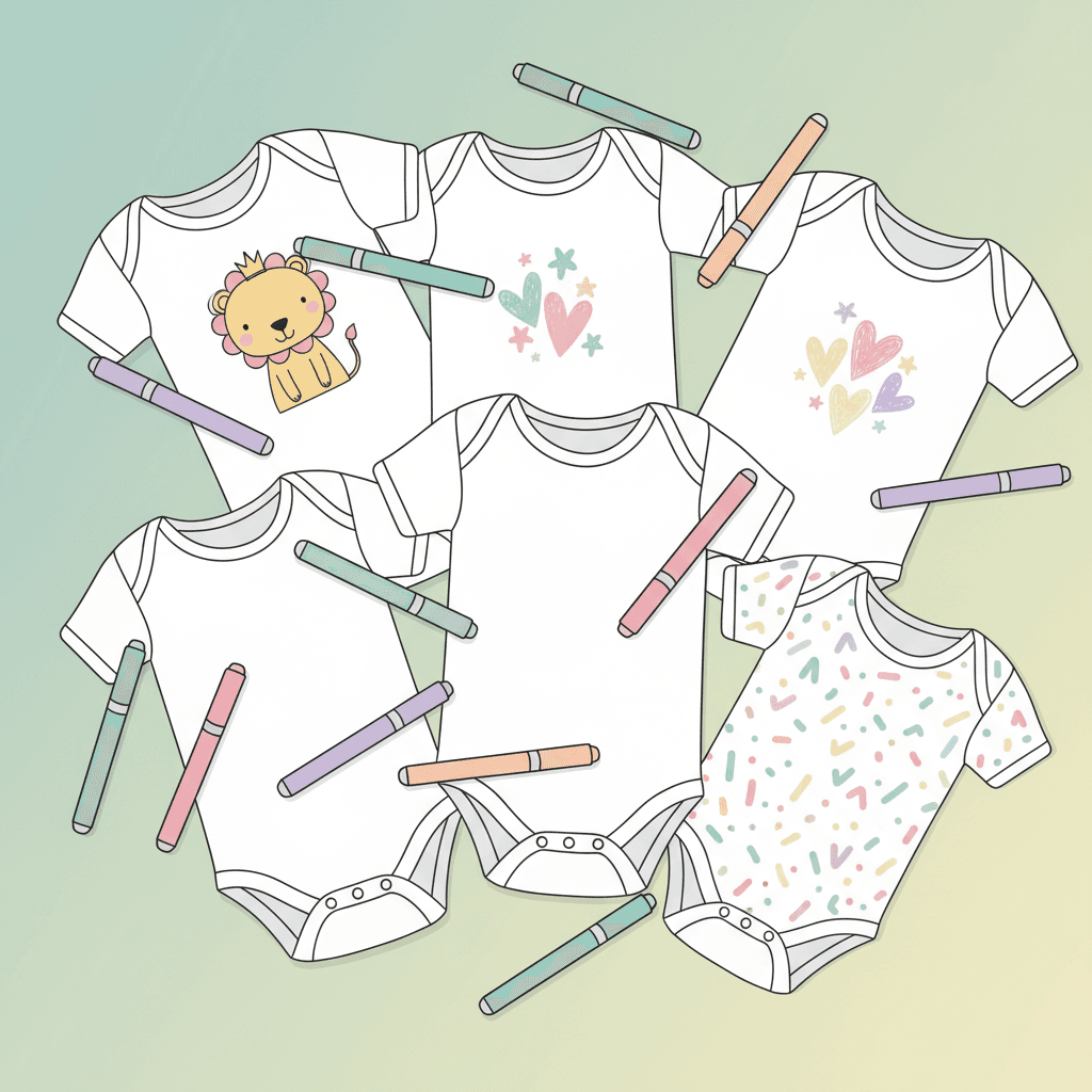 Illustration: Flat lay of a baby onesie decorating station with fabric markers, plain white onesies, and examples of decorated onesies with cute designs, soft pastel background, craft activity setup for Baby Shower Games That Actually Get Guests Excited
