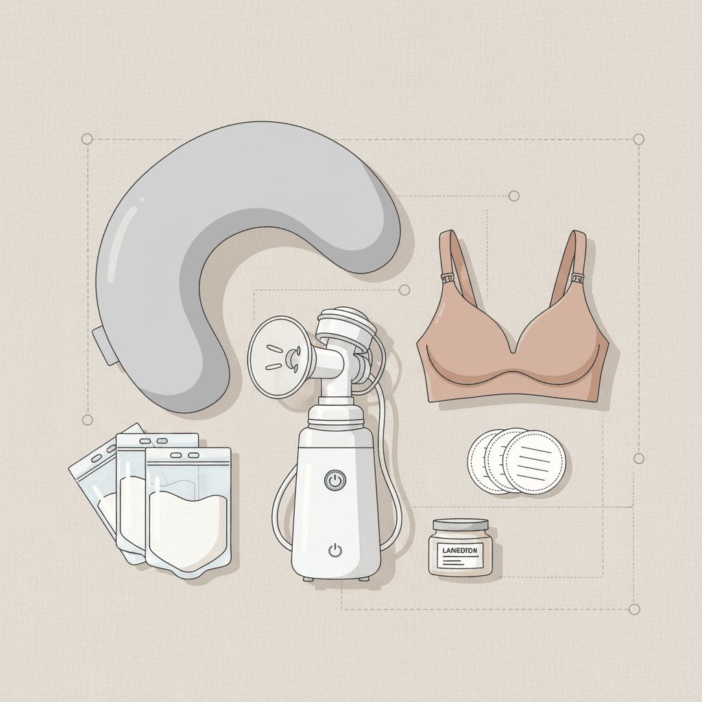 Illustration: A flat-lay styled product photograph showing essential breastfeeding items arranged aesthetically: breast pump, nursing bra, breast pads, nipple cream, storage bags, and a nursing pillow, on a soft neutral background with gentle shadows, clean and modern styling for Breastfeeding Essentials Every SA Mom Needs