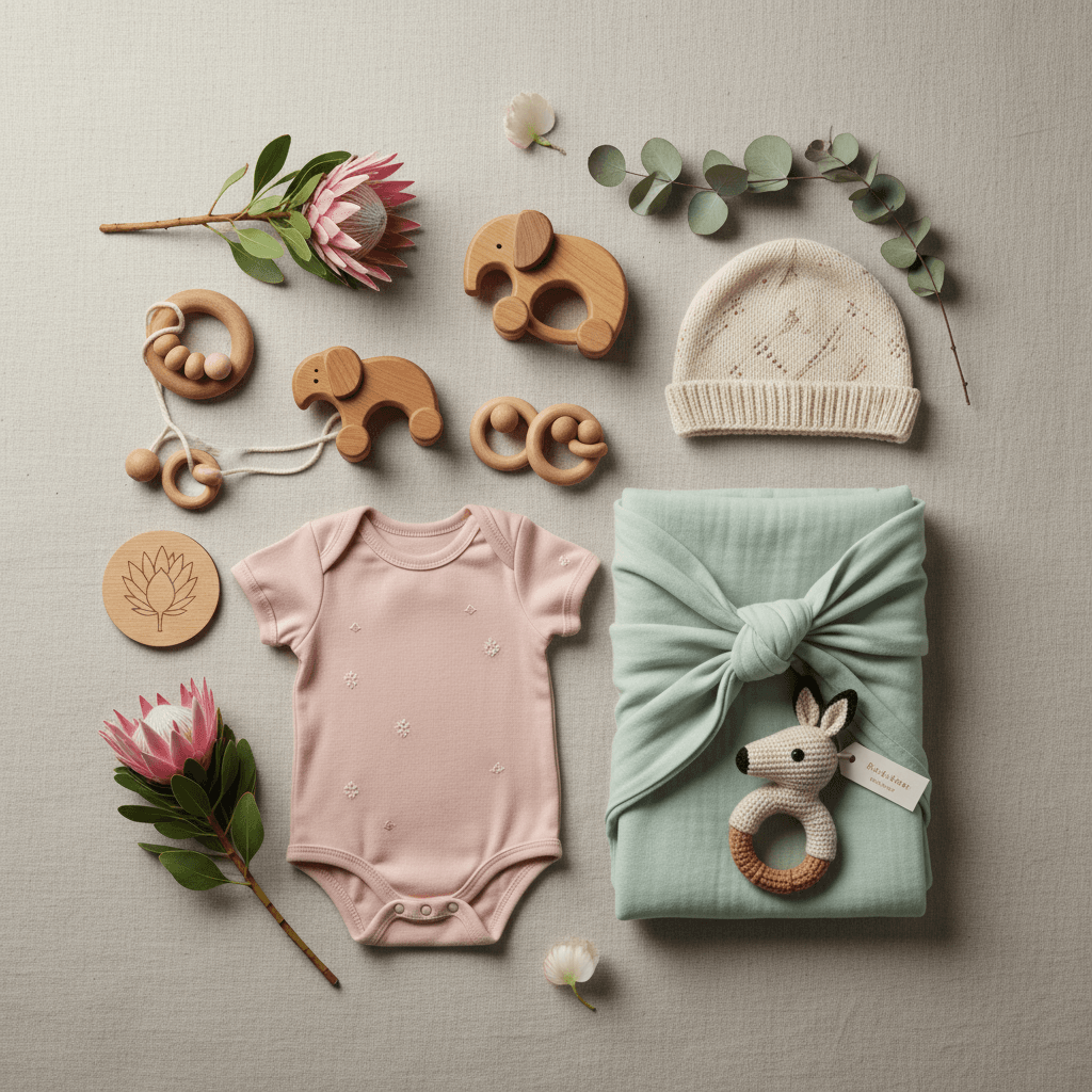 Illustration: Flat lay arrangement of handmade South African baby products including wooden toys, organic cotton clothing, and personalised items on a natural linen background with protea flowers for Cape Town's Best Local Baby Stores to Discover