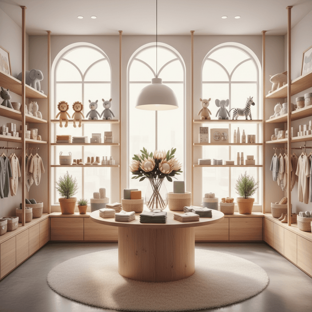 Illustration: Bright, welcoming interior of a modern Cape Town baby store with wooden shelving displaying colourful baby products, soft natural lighting, South African aesthetic with indigenous plant accents, warm and inviting atmosphere for Cape Town's Best Local Baby Stores to Discover