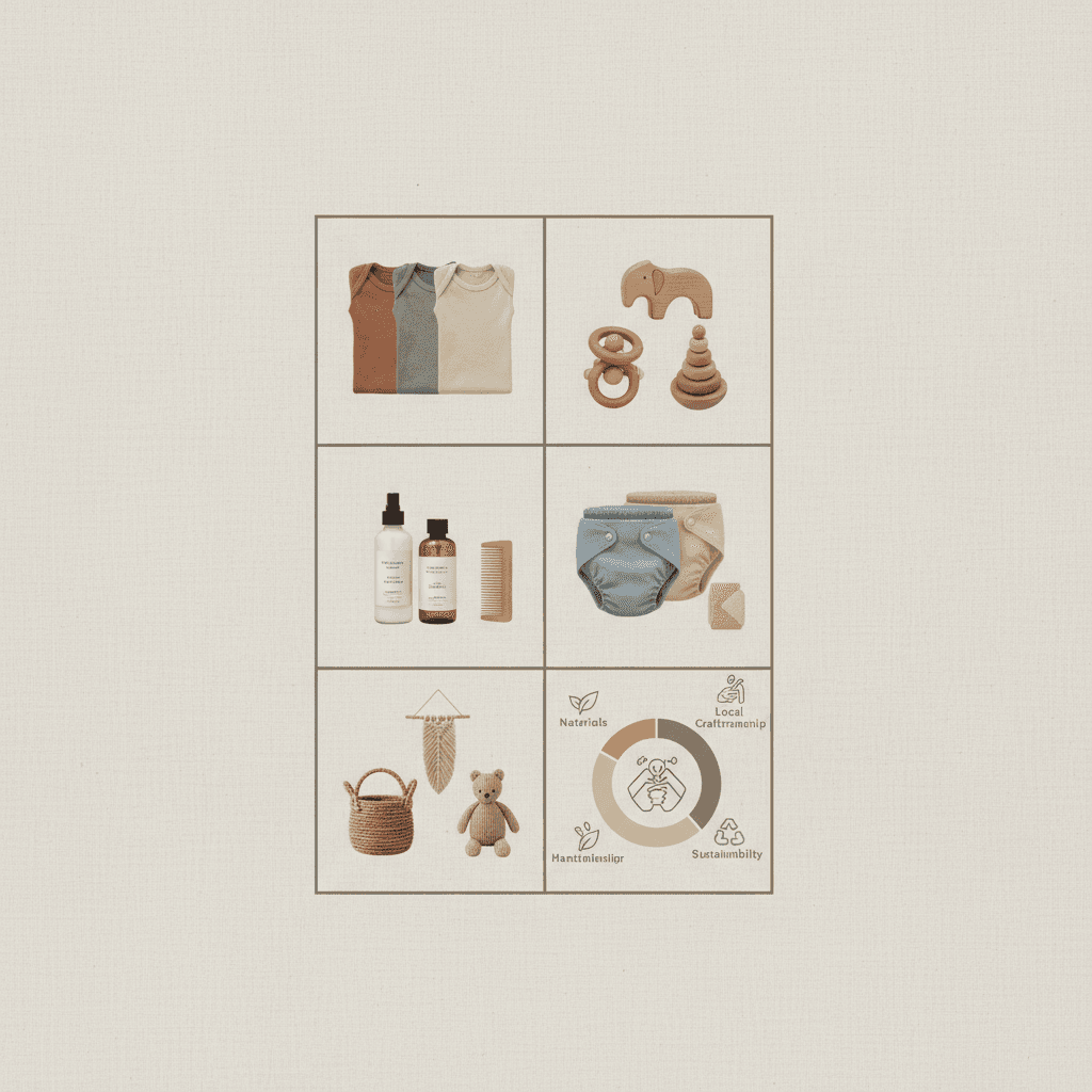Infographic: A flat-lay style infographic showing different categories of ethical South African baby products arranged in a visually appealing grid: organic cotton onesies, wooden toys, natural skincare bottles, cloth nappies, handmade nursery decor, with labels and icons indicating each category for Conscious Parenting: SA's Ethical Baby Product Trend