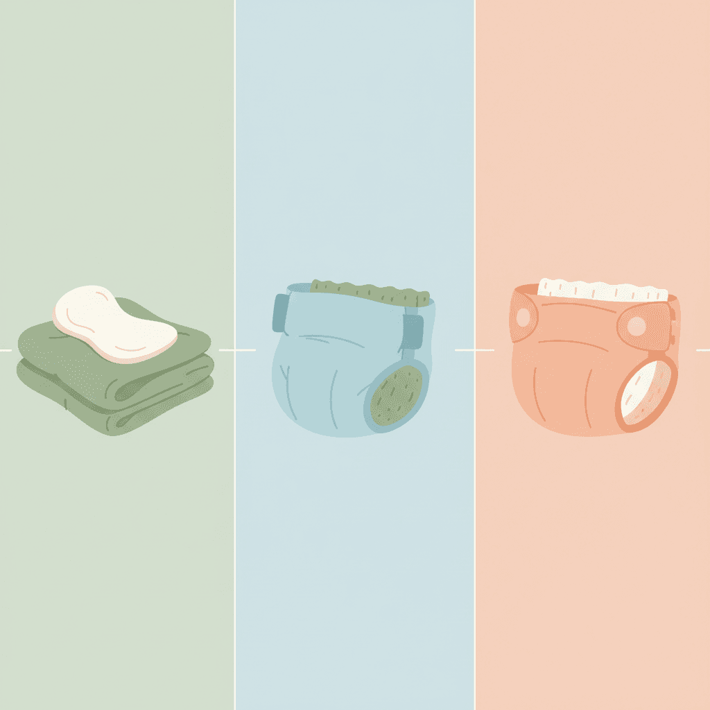 Diagram: Simple illustrated comparison diagram showing three types of eco-friendly nappies side by side: cloth nappy with insert, biodegradable disposable, and hybrid system, clean minimal style with soft pastel colors and labels for Eco-Friendly Nappies: SA Options Compared