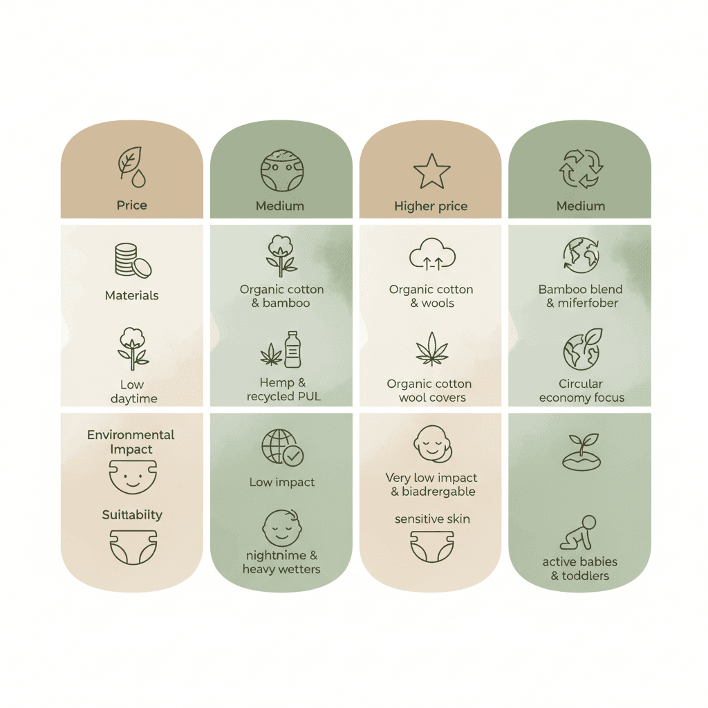 Infographic: Clean comparison table infographic showing 4-5 columns for different cloth nappy features like price range, materials, best for, and availability, using soft green and neutral color palette for Eco-Friendly Nappies: SA Options Compared