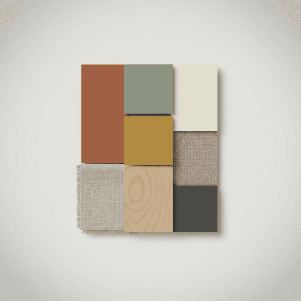 Illustration: Colour palette mood board showing terracotta, sage green, mustard, warm white, and charcoal swatches arranged aesthetically with natural textures like linen and wood samples for Gender Neutral Nursery Ideas from SA Designers
