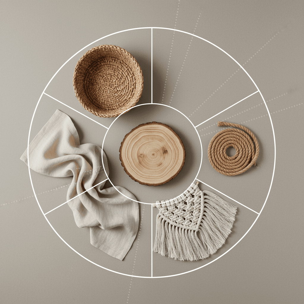 Illustration: Flat lay photography of nursery textures including rattan weave, natural linen fabric, jute rope, raw wood slice, and macramé cord arranged on neutral background for Gender Neutral Nursery Ideas from SA Designers