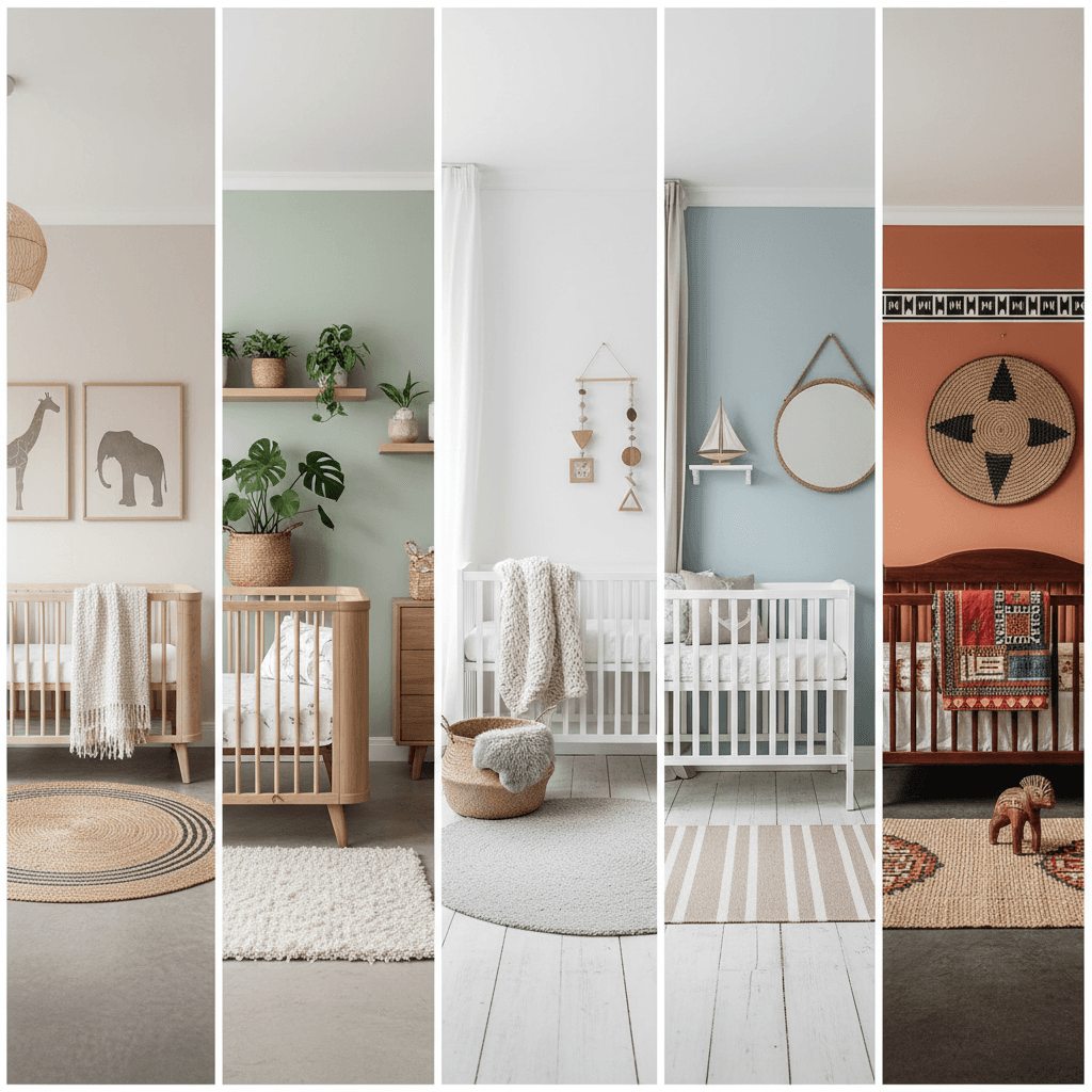 Illustration: Split image showing 5 different nursery style aesthetics: safari modern with subtle animal art, botanical with plants, minimalist white room, coastal blue tones, and African heritage with traditional patterns for Gender Neutral Nursery Ideas from SA Designers