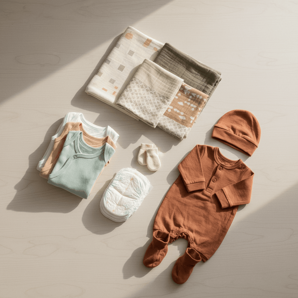 Illustration: Organized baby hospital bag contents laid out neatly: tiny newborn vests, nappies, receiving blankets, scratch mittens and a small going-home outfit, soft natural lighting, minimalist styling for Hospital Bag Essentials for South African Moms