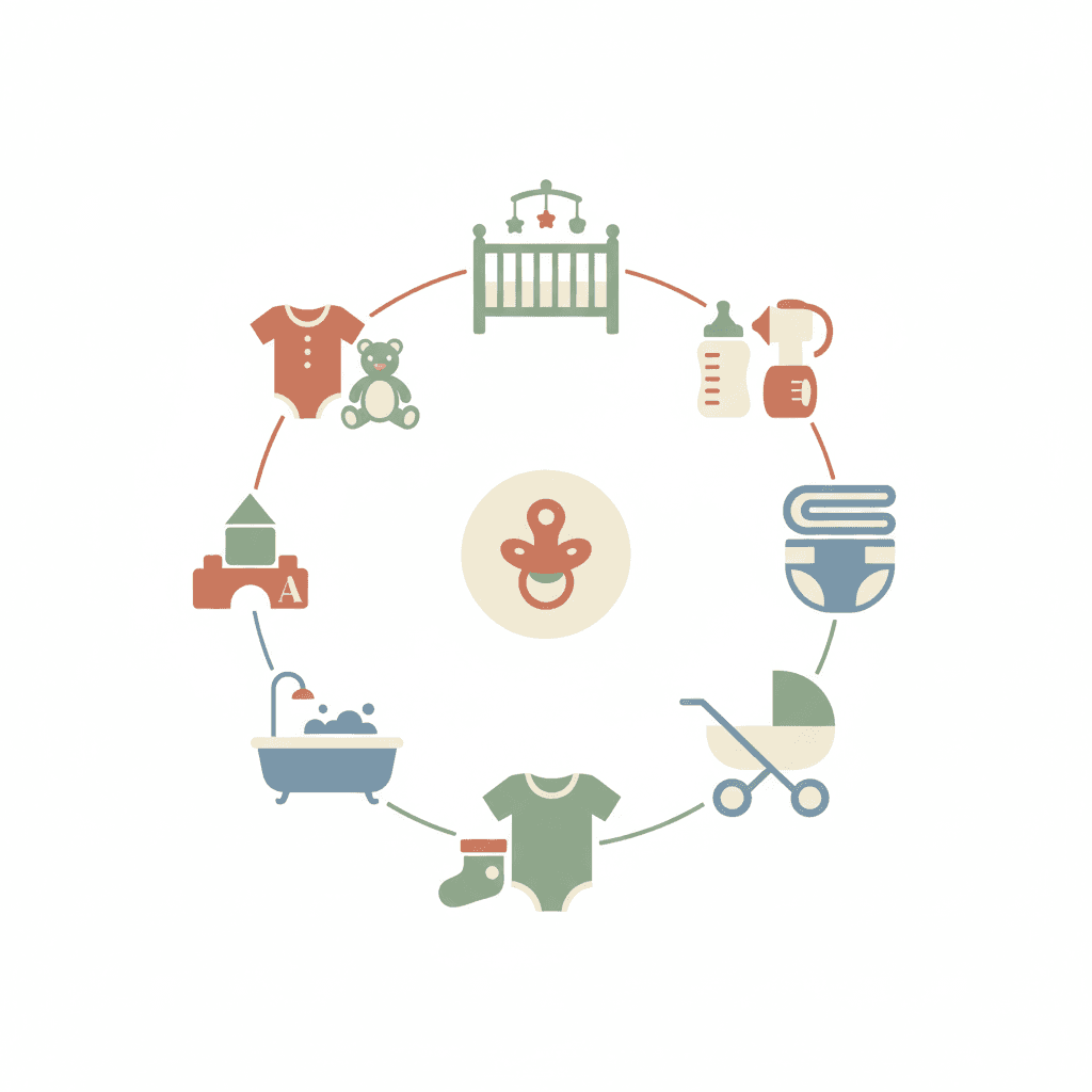 Infographic: Clean, modern infographic showing baby registry categories as a visual checklist with icons: sleeping (cot icon), feeding (bottle icon), nappies, travel (pram icon), clothing, bathing, play - soft pastel colours, South African design aesthetic for How to Create the Perfect Baby Registry in Minutes