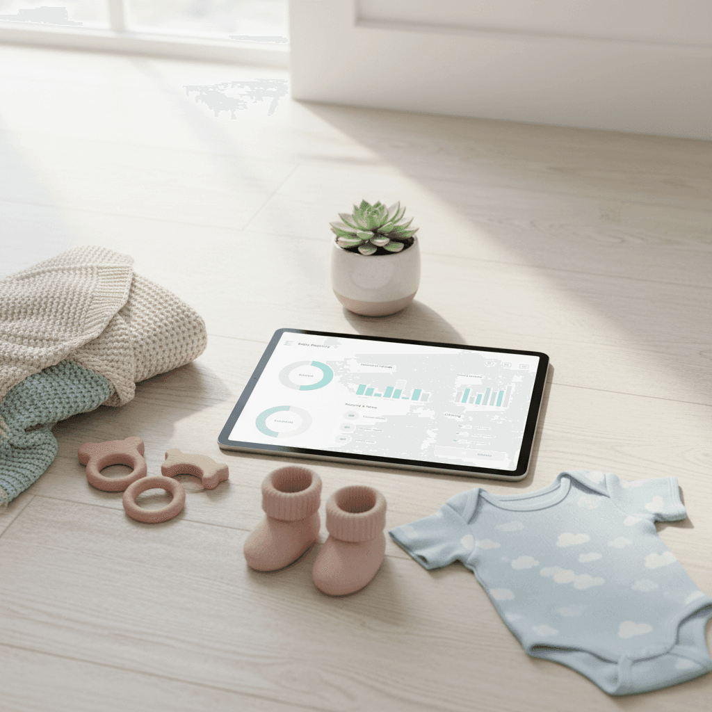 Illustration: A warm, inviting flat-lay photograph of a tablet displaying a baby registry checklist surrounded by soft pastel baby items including a knitted blanket, wooden toys, and a small succulent plant, South African home setting with natural light, clean and organised aesthetic for How to Create the Perfect Baby Registry in Minutes