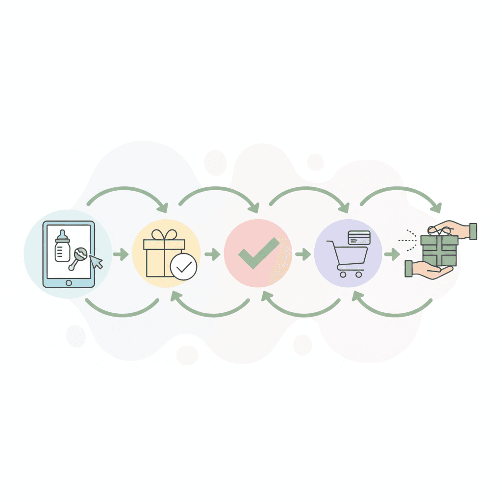 Infographic: Infographic showing the 5-step baby registry purchase process as a visual flow: browse registry, select gift, mark as purchased, checkout at retailer, gift delivered—using simple icons and arrows, soft pastel colour scheme with sage green accents for How to Use a Baby Registry: A Guest's Complete Guide