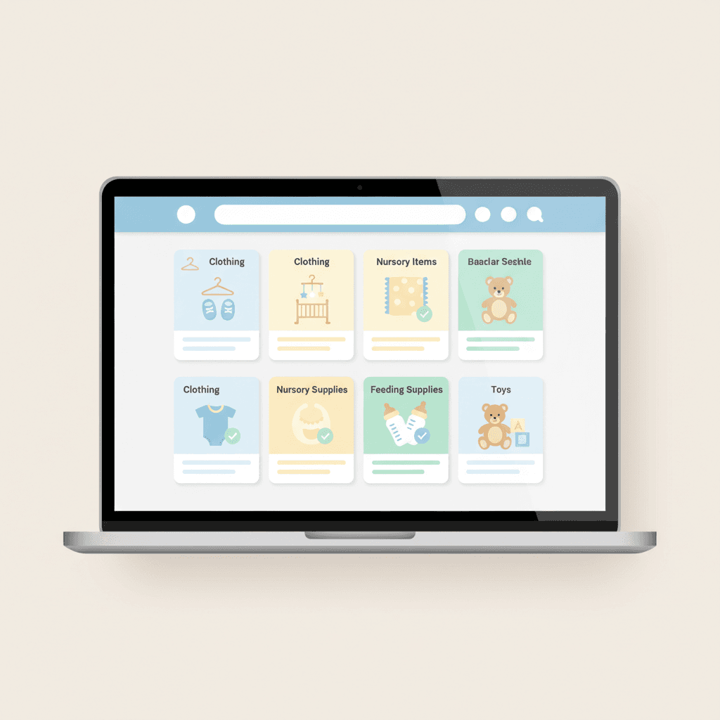 Illustration: Clean, simple illustration showing a baby registry interface on a laptop screen with product cards displaying baby items organised by category, some items marked as purchased with checkmarks, soft colours and friendly design aesthetic for How to Use a Baby Registry: A Guest's Complete Guide