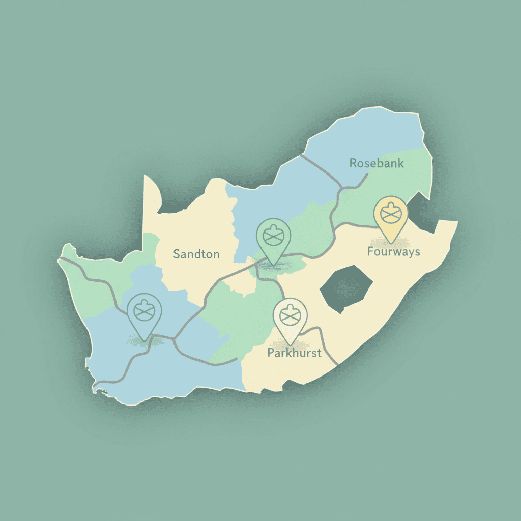 Illustration: Simple illustrated map of Johannesburg highlighting key shopping areas for baby products including Sandton, Rosebank, Fourways, and Parkhurst, clean modern design with location markers for Johannesburg Baby Shopping Guide: Local Gems