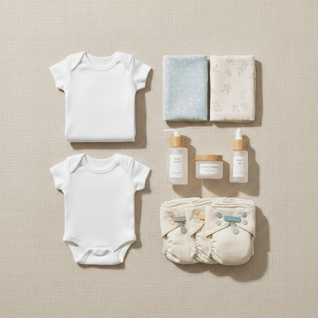 Illustration: Flat lay of practical baby essentials including white bodysuits, muslins, gentle baby bath products, and a stack of nappies, arranged aesthetically on a soft neutral background, clean modern styling for What to Buy a New Baby When There's No Registry