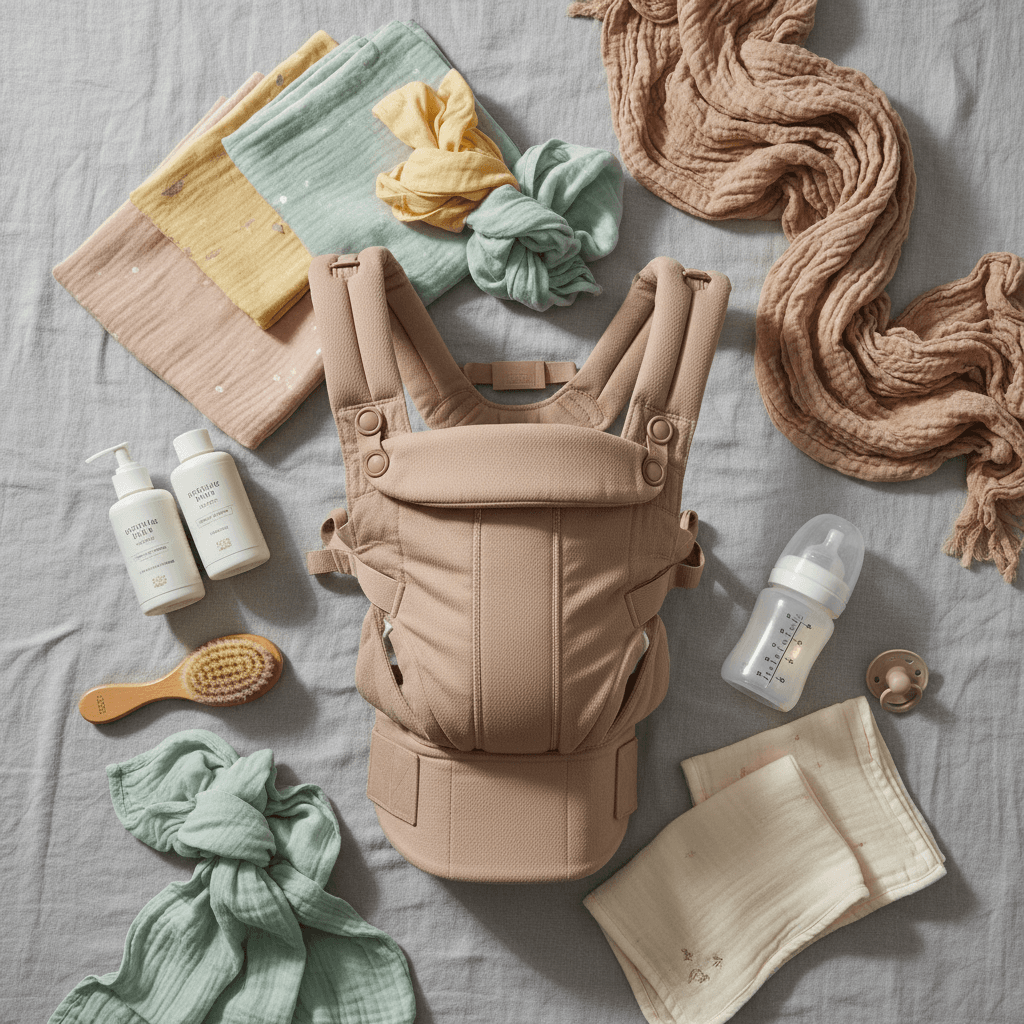 Illustration: Flat lay arrangement of essential baby items including muslin swaddles, baby carrier, gentle bath products, and feeding supplies on a soft neutral background for What to Buy a New Mom: Thoughtful Gift Ideas