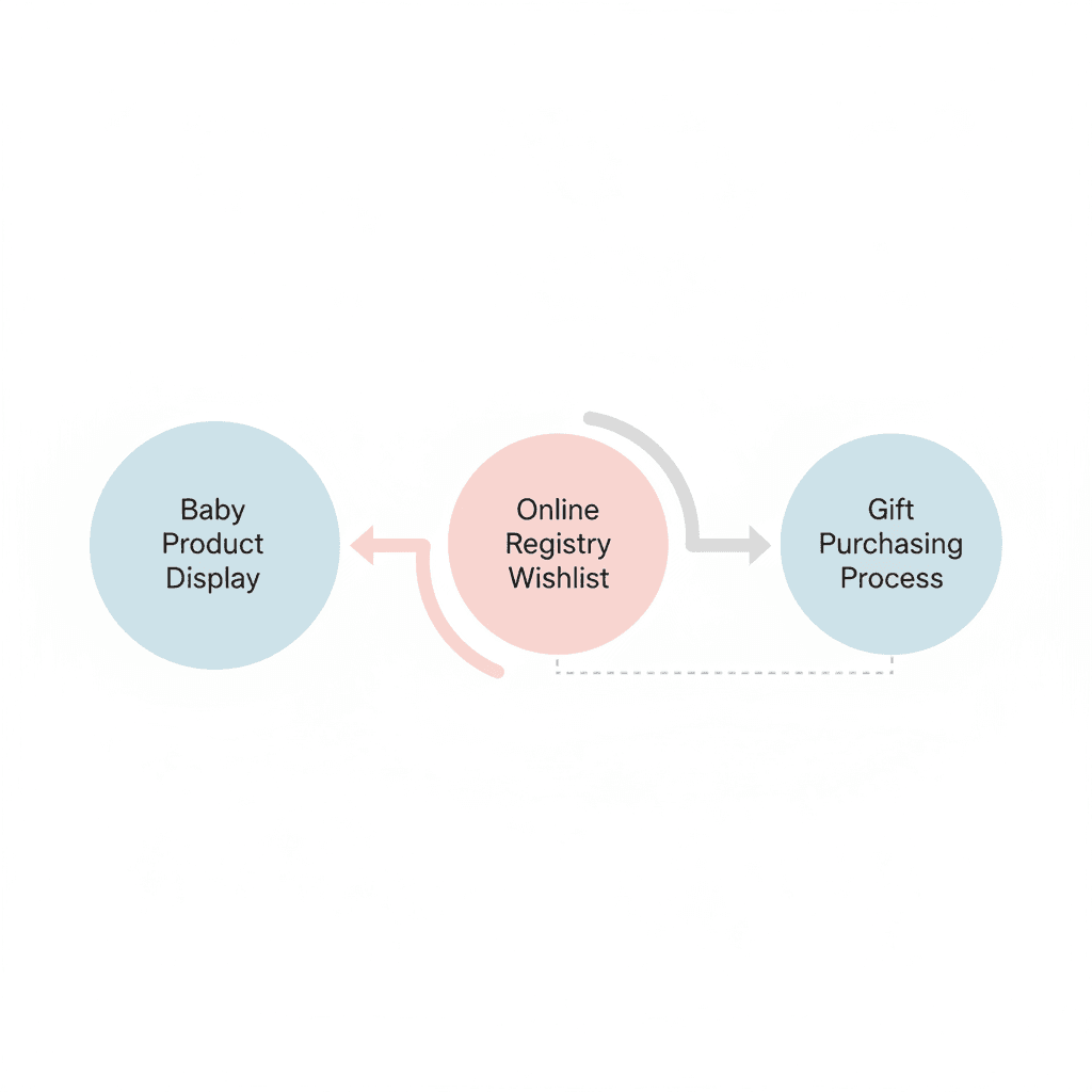 Chart: Simple flowchart diagram showing the registry partnership journey: retailer products displayed on registry platform, parents add items to wishlist, gift-givers click through, purchase happens on retailer's own website, clean modern design with soft pastel colours for Why Baby Retailers Love Registry Partnerships