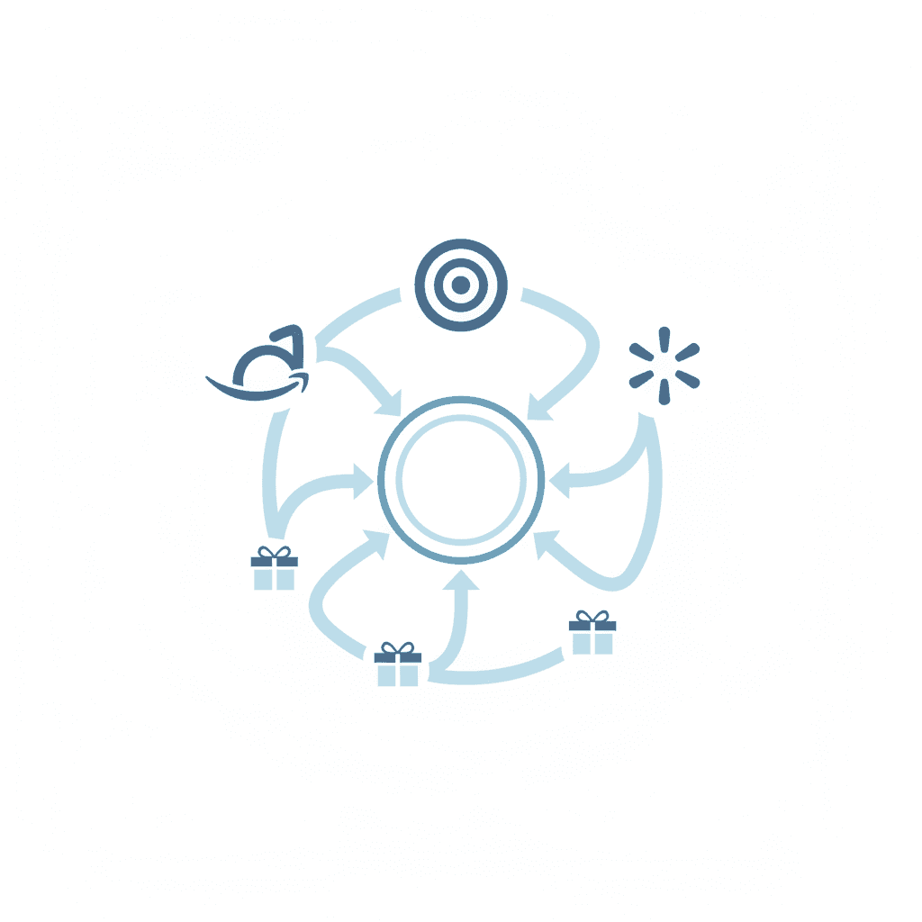 Infographic: Simple, clean infographic showing how multiple store icons connect to one central registry hub, with arrows indicating gift items flowing from various retailers into a single unified list, modern flat design style for Why Multi-Store Registries Make Gift-Giving Easier