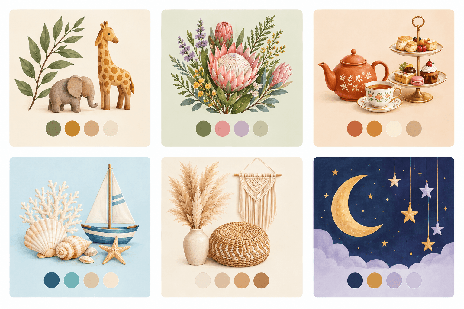 Infographic: A mood-board style infographic featuring six South African baby shower themes (safari, fynbos garden, rooibos high tea, ocean, boho neutrals, starry night), each with a colour palette and two décor icons for Baby Shower Planning 101: Themes, Timing & Tips for SA Hosts