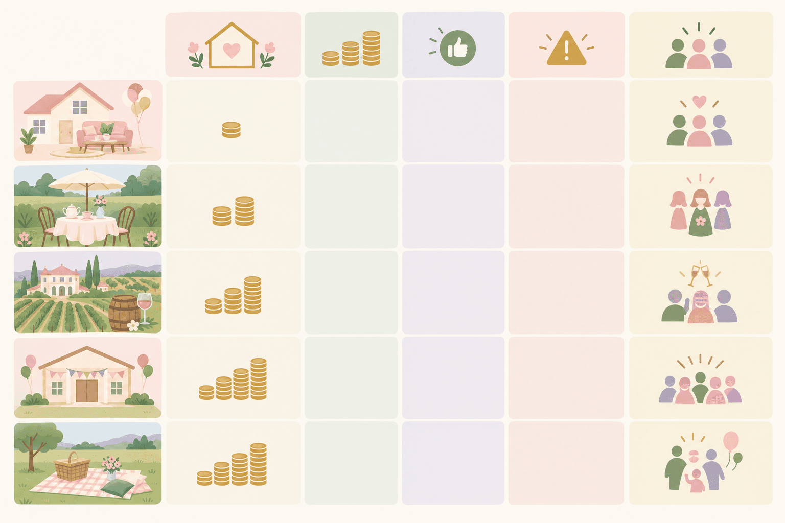 Comparison: A comparison table graphic of five venue types (home, tea garden, wine estate, community hall, park picnic) with columns for estimated cost range in rands, pros, cons and best for, in a soft pastel design for Baby Shower Planning 101: Themes, Timing & Tips for SA Hosts