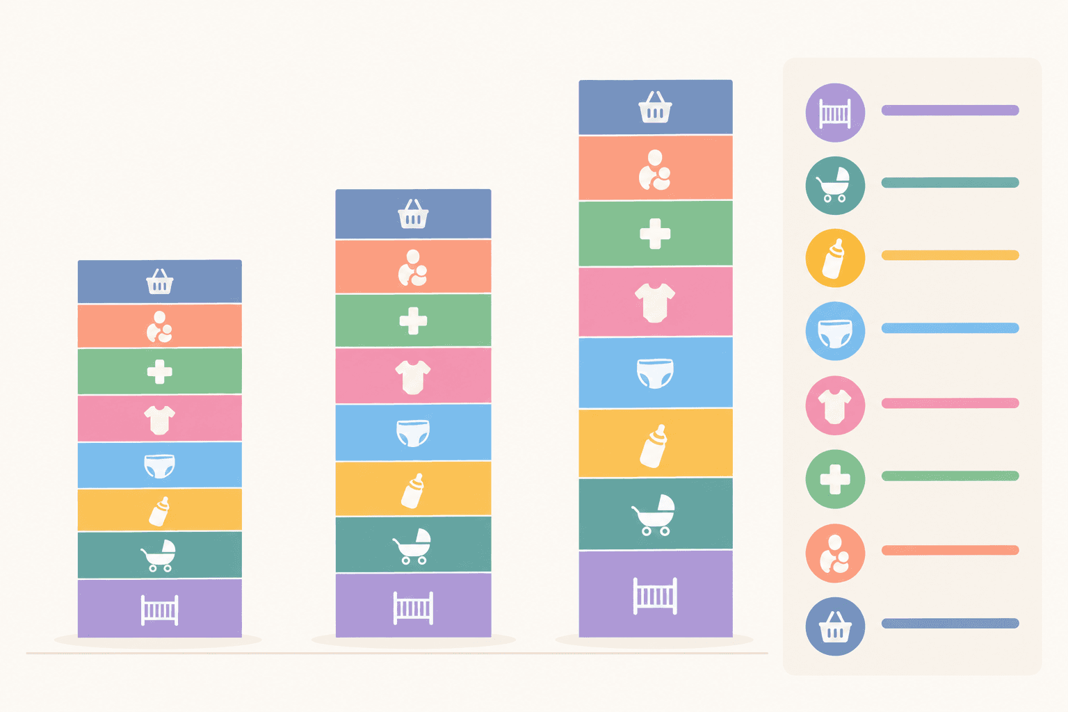 Infographic: Clean infographic showing a first-year baby cost breakdown in Rand across categories (nursery, gear, feeding, nappies and toiletries, clothing, health, childcare, miscellaneous) as a stacked bar for lean, mid-range and premium budgets, soft pastel colours, clear labels, labelled as estimates for Budgeting for Baby: What SA Parents Really Spend in Year One