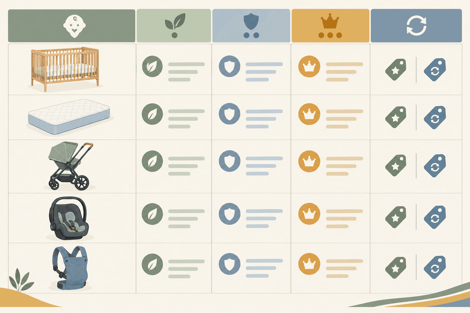Comparison: Comparison table graphic of nursery and gear items (cot, mattress, pram, car seat, carrier) with lean, mid-range and investment options in Rand and a buy-new versus second-hand recommendation column for Budgeting for Baby: What SA Parents Really Spend in Year One