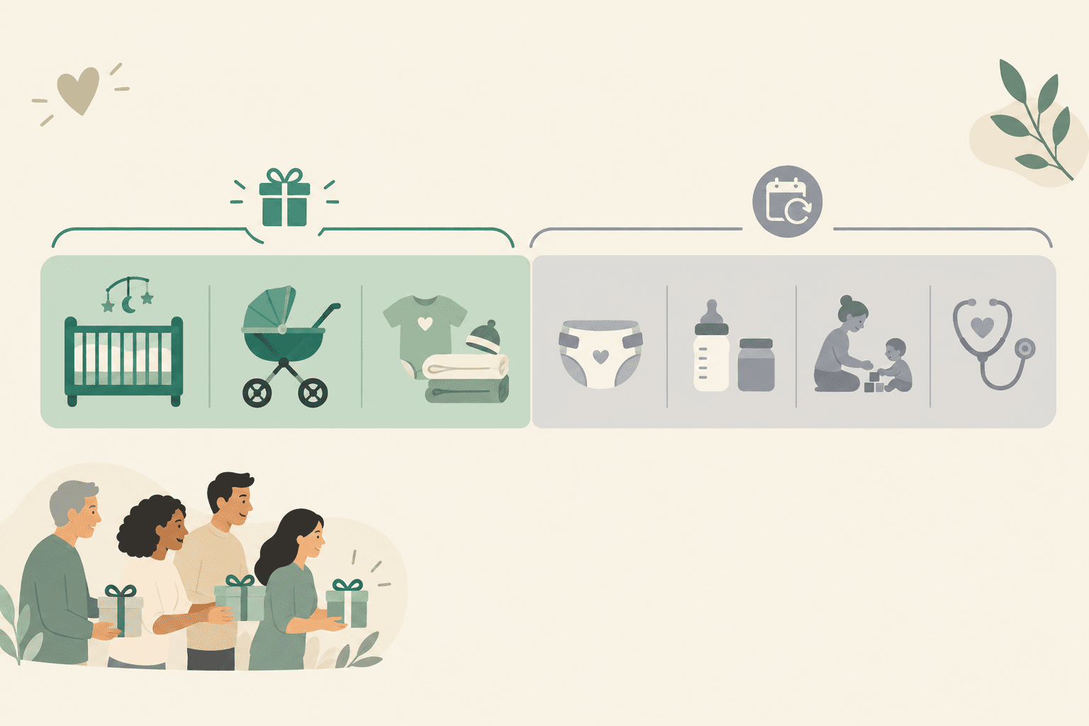 Diagram: Illustrative diagram showing the same first-year budget with the portion potentially offset by a shared baby registry highlighted (nursery, gear, newborn essentials) versus recurring costs that remain, with a note that figures are illustrative for Budgeting for Baby: What SA Parents Really Spend in Year One