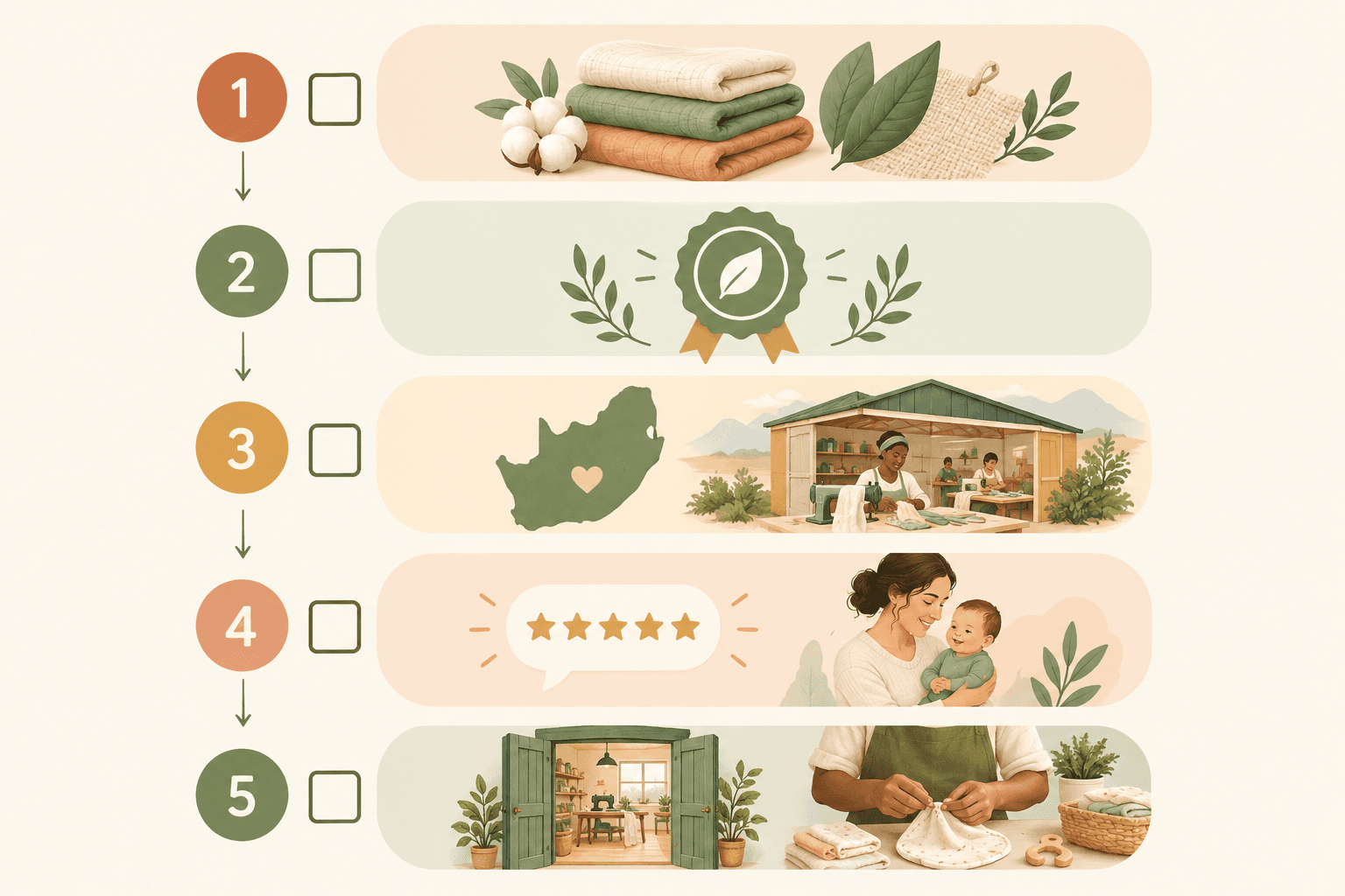 Diagram: Checklist-style diagram of five steps for vetting a sustainable baby brand: materials, certifications, production location, reviews, maker transparency, with friendly icons and a warm colour palette for Eco-Friendly Baby Products Made in South Africa: A Buyer's Guide