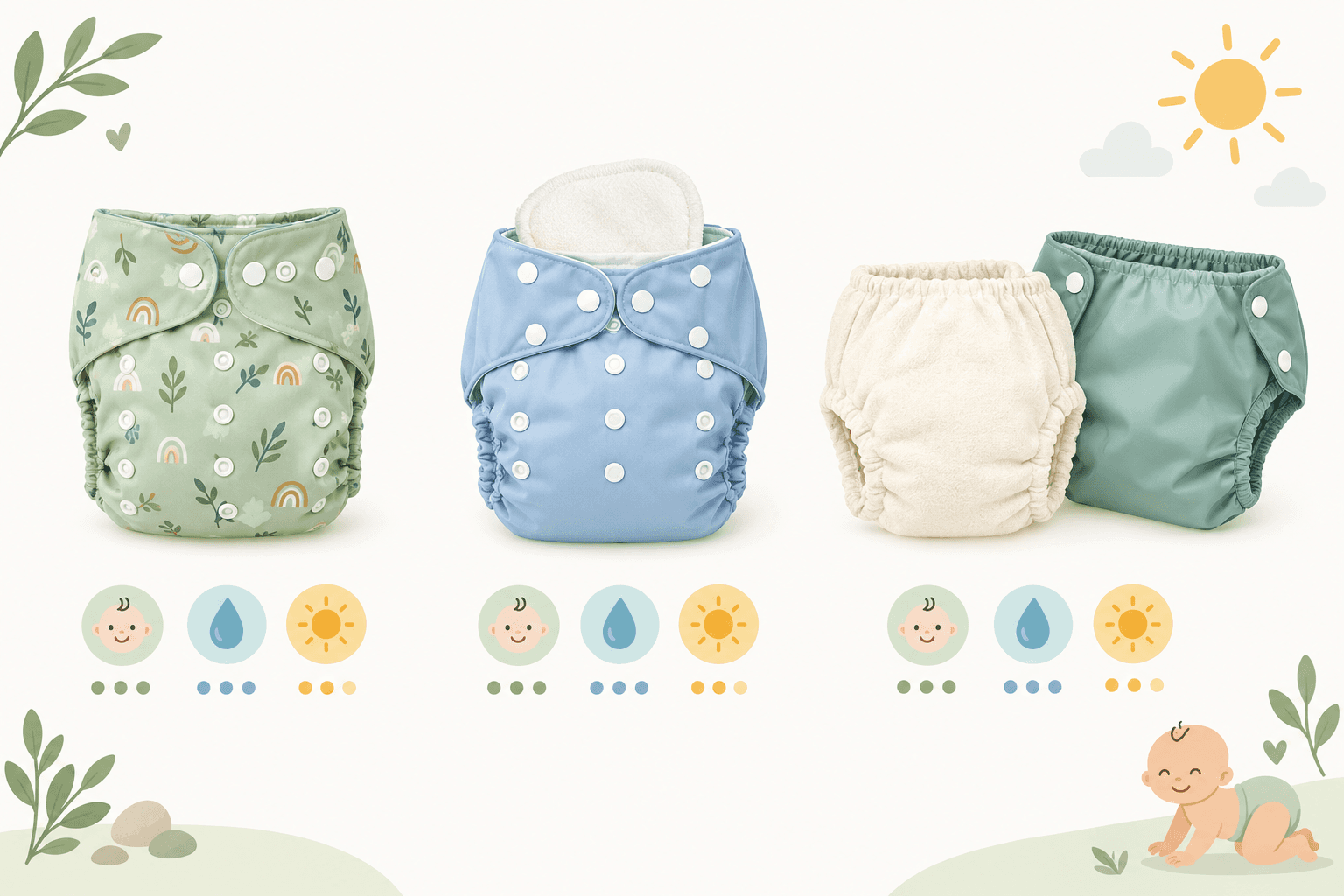Infographic: Clean, friendly infographic showing the main types of modern reusable nappies (all-in-one, pocket, fitted with cover) with simple labels for ease of use, drying time and best-for scenarios, soft pastel colours for Eco-Friendly Baby Products Made in South Africa: A Buyer's Guide
