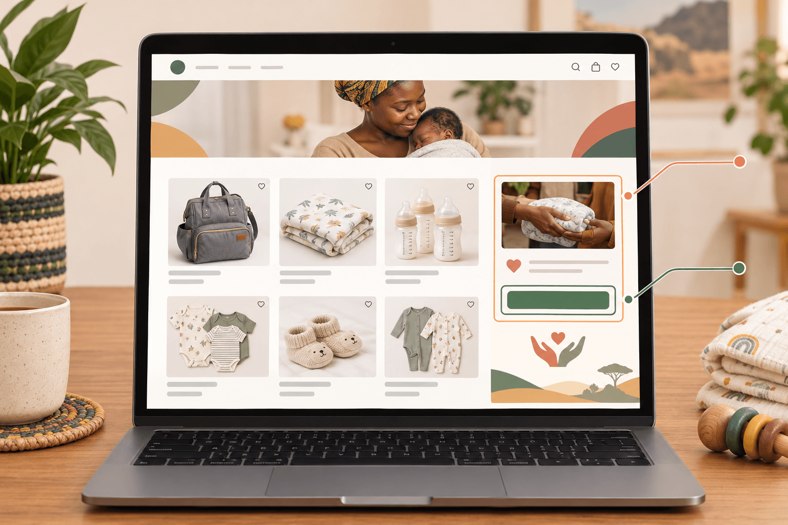 Illustration: Annotated screenshot mockup of a bababloom registry page showing a Hatch Bag listed alongside products from local South African stores, with callouts highlighting where guests can donate for How Registry Gifting Helps Mothers in Need Across SA