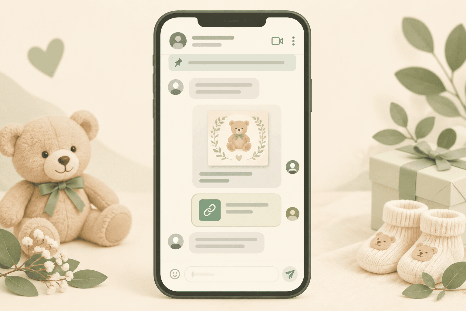 Illustration: A friendly mock-up of a WhatsApp chat with a baby shower invite message that includes a registry link and a pinned message, simple and legible, with warm green and cream tones for How to Word Baby Shower Invitations When You Have a Registry