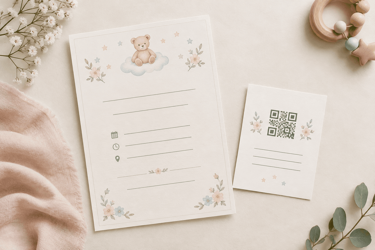 Illustration: A clean mock-up of a printed baby shower invitation with a small registry insert card and QR code, showing where the registry line sits below the date, time and venue, with soft pastel colours for How to Word Baby Shower Invitations When You Have a Registry