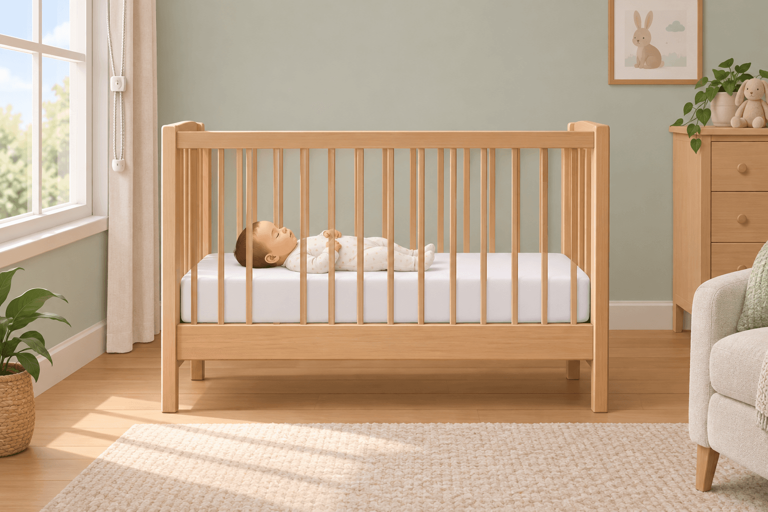 Diagram: Labelled diagram of a safe cot setup showing a firm flat mattress, snug fit, nothing loose in the cot, baby on back, and the cot positioned away from windows and cords, friendly flat illustration style for Nursery Essentials: A Safe, Stylish Space on Any Budget