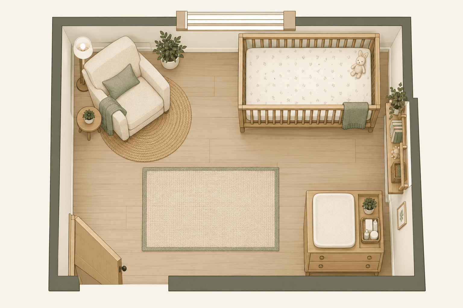 Diagram: Simple floor-plan diagram of a small nursery corner showing cot, wall-anchored shelving, dresser-changer and a nursing chair with a clear walkway, top-down view in a warm minimalist style for Nursery Essentials: A Safe, Stylish Space on Any Budget