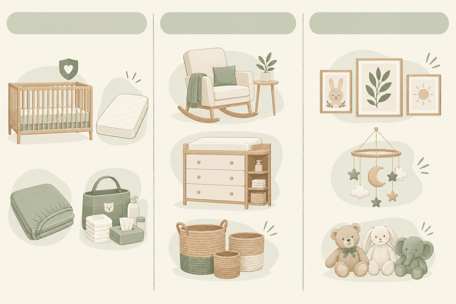 Infographic: Clean three-column infographic titled 'Need Now, Nice to Have, Can Wait' listing nursery items with simple line icons in a soft sage and cream palette for Nursery Essentials: A Safe, Stylish Space on Any Budget