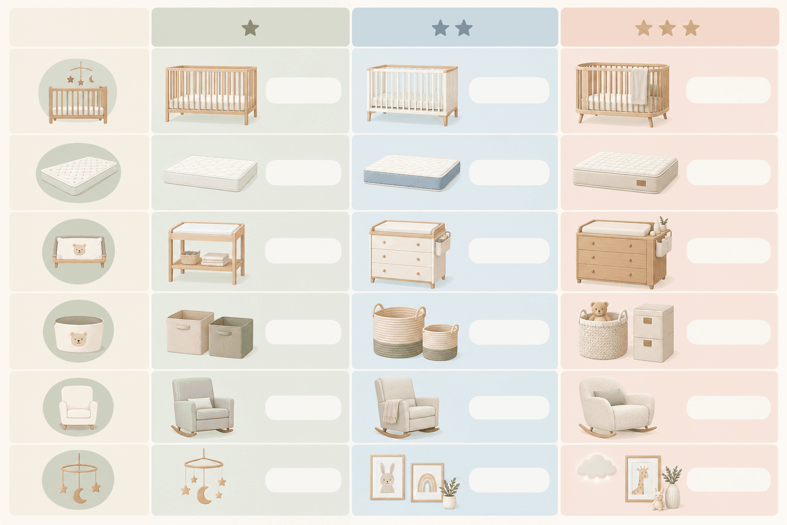 Comparison: Comparison table with three columns (Essential, Mid-Range, Splurge) and rows for cot, mattress, changing station, storage, seating and décor, with placeholder Rand price ranges, clean modern design in soft pastel colours for Nursery Essentials: A Safe, Stylish Space on Any Budget