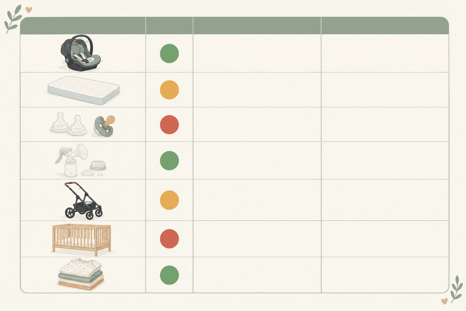Comparison: Comparison table graphic with columns Item, Reuse?, Why, What to check, listing car seat, cot mattress, teats and dummies, pump parts, pram frame, cot frame and clothing, with colour-coded green, amber and red indicators, warm neutral design for What to Register For (and Skip) With Your Second Baby