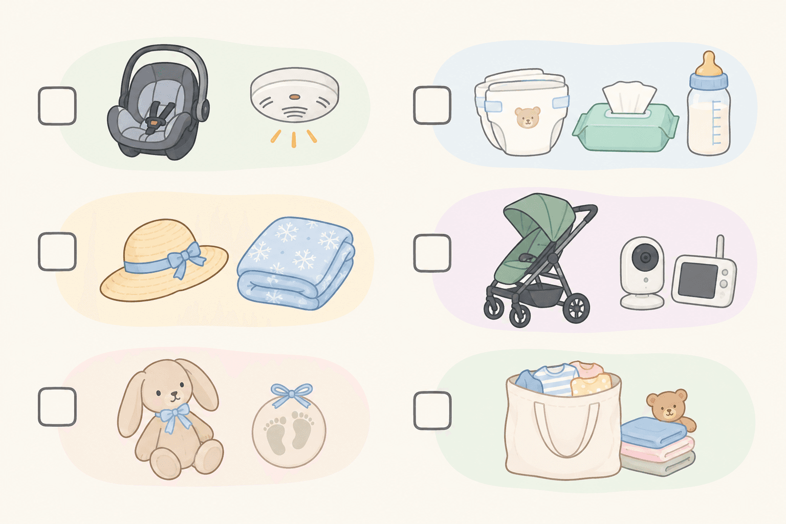 Infographic: Printable-style baby registry checklist infographic with categories (Safety replacements, Hygiene and feeding, Seasonal essentials, Upgrades, Something special for baby two, Hatch Bag donation) with tick boxes, friendly hand-drawn style in soft pastel colours for What to Register For (and Skip) With Your Second Baby