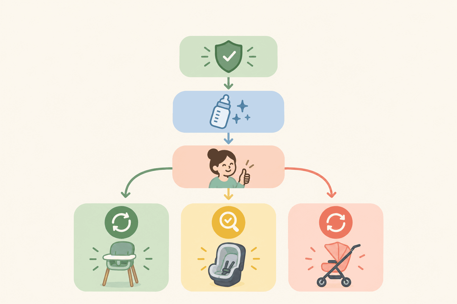 Chart: Clean, friendly flowchart titled 'Reuse or Replace?' showing three decision questions (Safety-critical? Hygiene-sensitive? Did it work for you?) leading to 'Reuse', 'Check first' or 'Replace' outcomes, soft pastel palette, simple icons for What to Register For (and Skip) With Your Second Baby